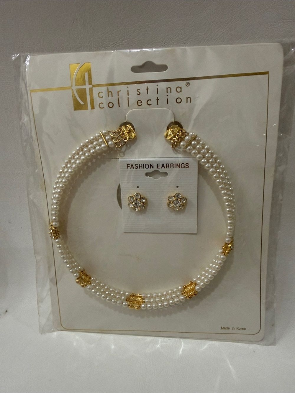 Christina Pearled Adjustable Choker Necklace Earrings Set Gold Rhinestone Accent